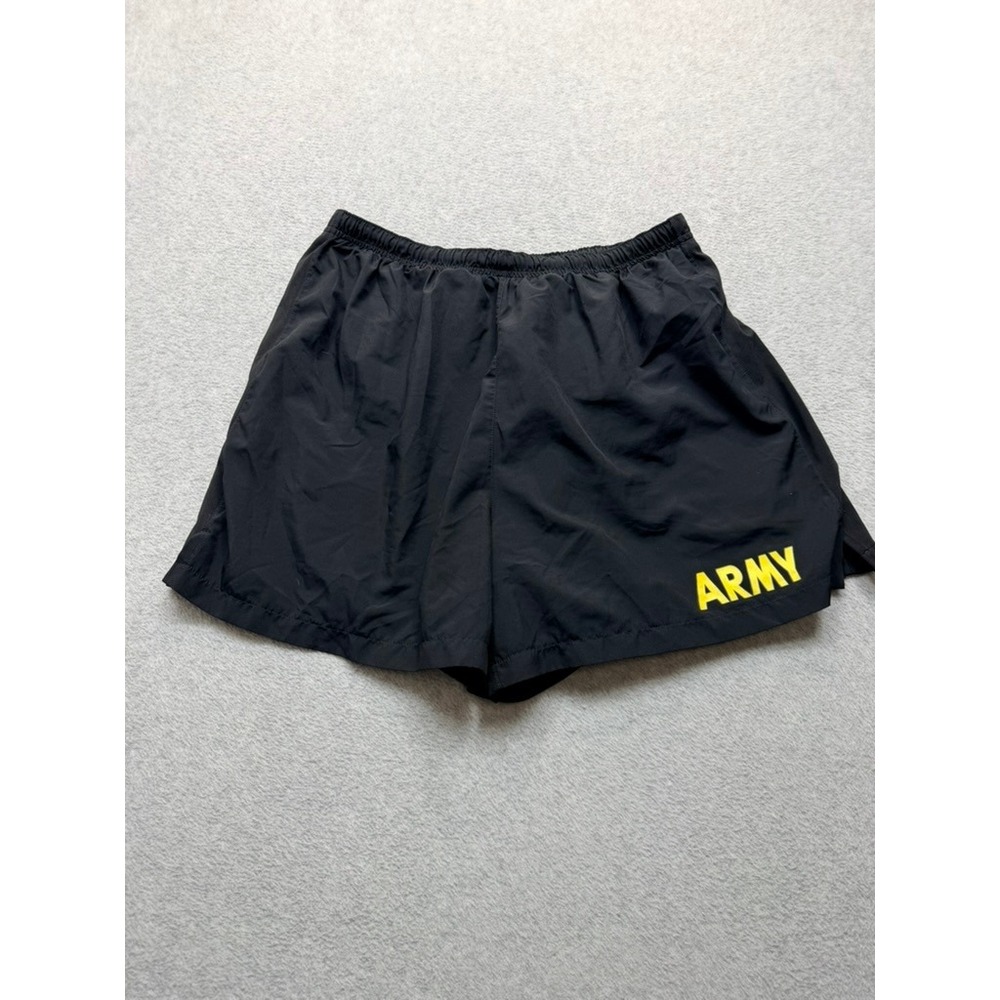 US Army PT Shorts Mens Medium Black Yellow Graphic Athletic Training Running